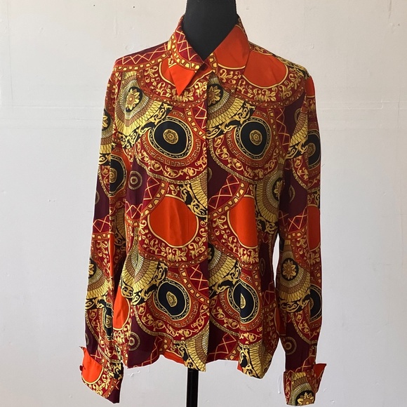Vintage Tops - Color FX orange, red, yellow and black vintage, silk medallion print shirt